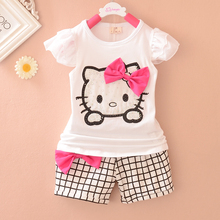 Promotion 2015 Summer New Hello Kitty Print baby girls clothing set Cotton Plaid Shorts baby suit