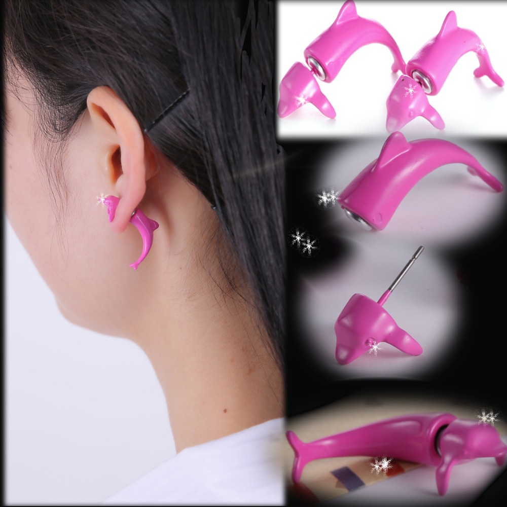 50pcs/lot Fashion Exaggerated Punk Cool dolphins earrings, pink dolphins jewelry, 3D animal Stud earrings