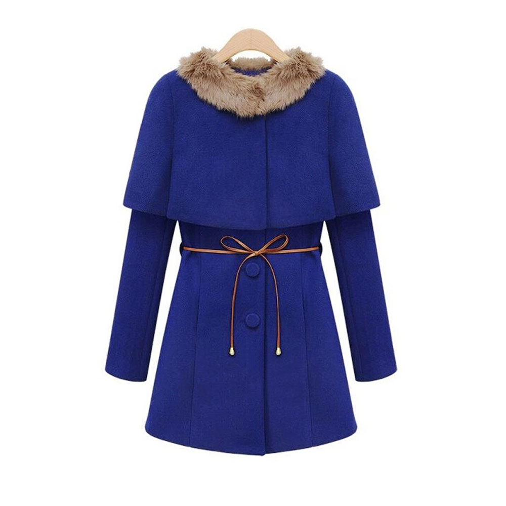 2015 New European Style Slim Winter Woolen Coat Women Fur Collar Fashion Single-Breasted Mid-Long Warm Cloak Coats MM0093