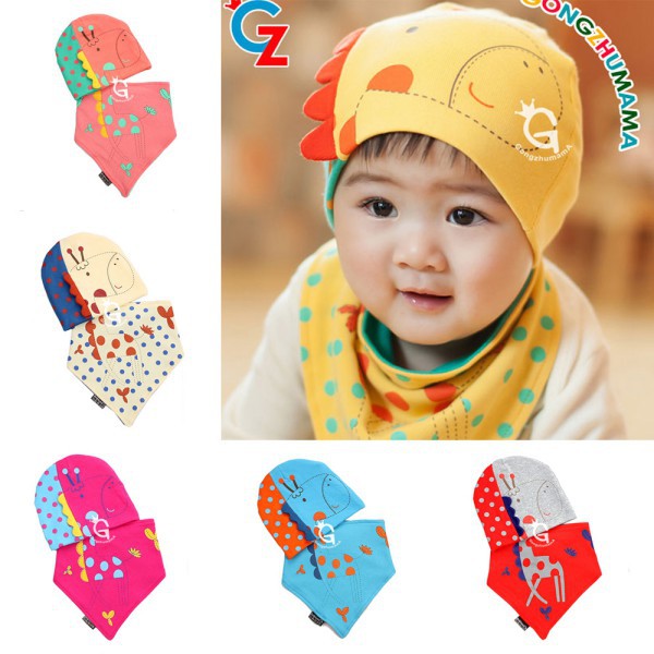 2016 2Pcs Sets Spring Winter Baby Boys Girls Patchwork Pattern Soft Cotton Hedging Hat Cap Triangle