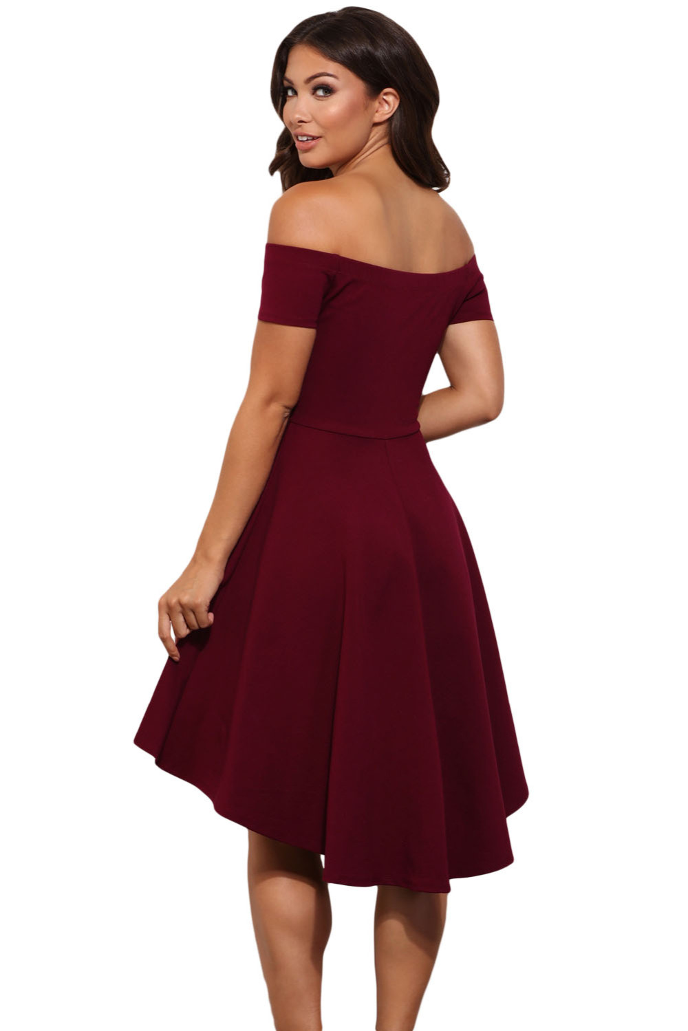 Fall Burgundy High Low Skater Dress Plus Size Women Clothing Summer 61346 Fall Burgundy High Low Skater Dress