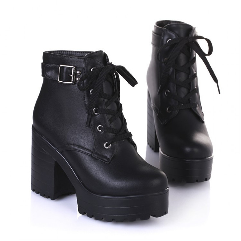 Hot Sale Square Heel Women Platform Ankle Boots Fashion Pu Lace Up Martin Boots Big Size Vintage Buckle Thick Heel Short Boots