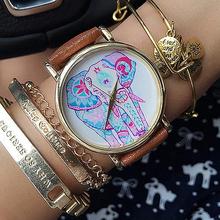 Women’s Elephant Pattern Dial Faux Leather Band Quartz Analog Casual Wrist Watch W2E8D