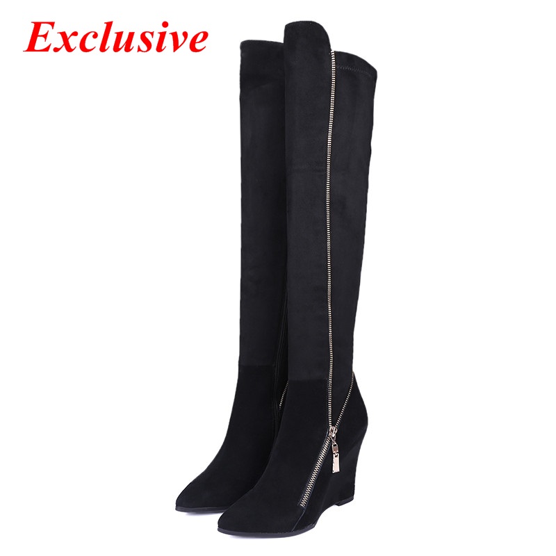 Woman Wedges Knee-high Boots Winter Short Plush Nubuck Leather Pointed Toe Long Boots Sheepskin Fashion Wedges Knee-high Boots