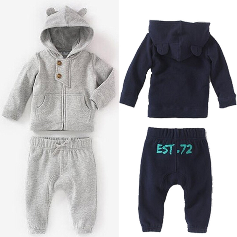 2014 New Autumn Baby Boys Cotton Clothing Set Child Boy Cartoon Hooded Sweater Solid Color Animal