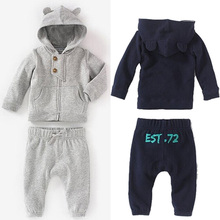 2014 New Autumn Baby Boys Cotton Clothing Set Child Boy Cartoon Hooded Sweater Solid Color Animal