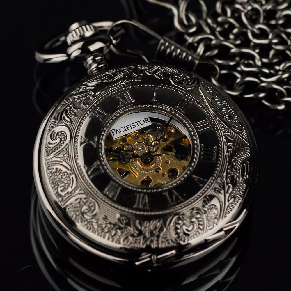 PACIFISTOR Pocket Watches Steampunk Wind Up Vintage Pocket Watch for Men Relojes 2015 Gift Mechanical Skeleton