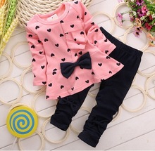 2016 New Baby Girl Sets Heart-shaped Print Bow Cute 2PCS Kids Set T shirt + Pants Cute Princess Kids Clothing Set Free Shipping