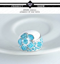 Lake Blue Enamel Genuine Austrian Crystal Rings Real Platinum Plated Flower Ring Costume Women Jewelry Ri