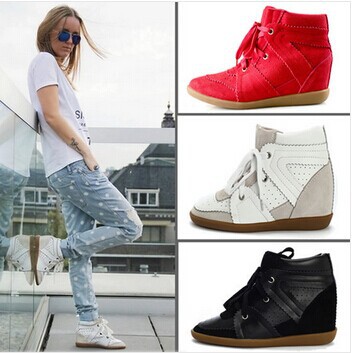 Isabel Marant Lace up Women Fashion Wedge High Heel Sneakers Hidden heel 7CM Genuine Leather suede