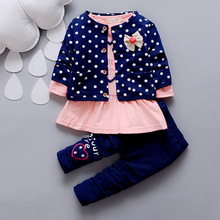 2016 new spring autumn baby girls clothing sets cartoon children coat clothes3 pieces suit girls round dot flower Dress girls