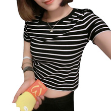 New 2016 Women Tops Summer Ladies Tshirt Sexy Crop Tops Striped Short sleeved T-shirt Short Women Clothing Slim Kawaii Top