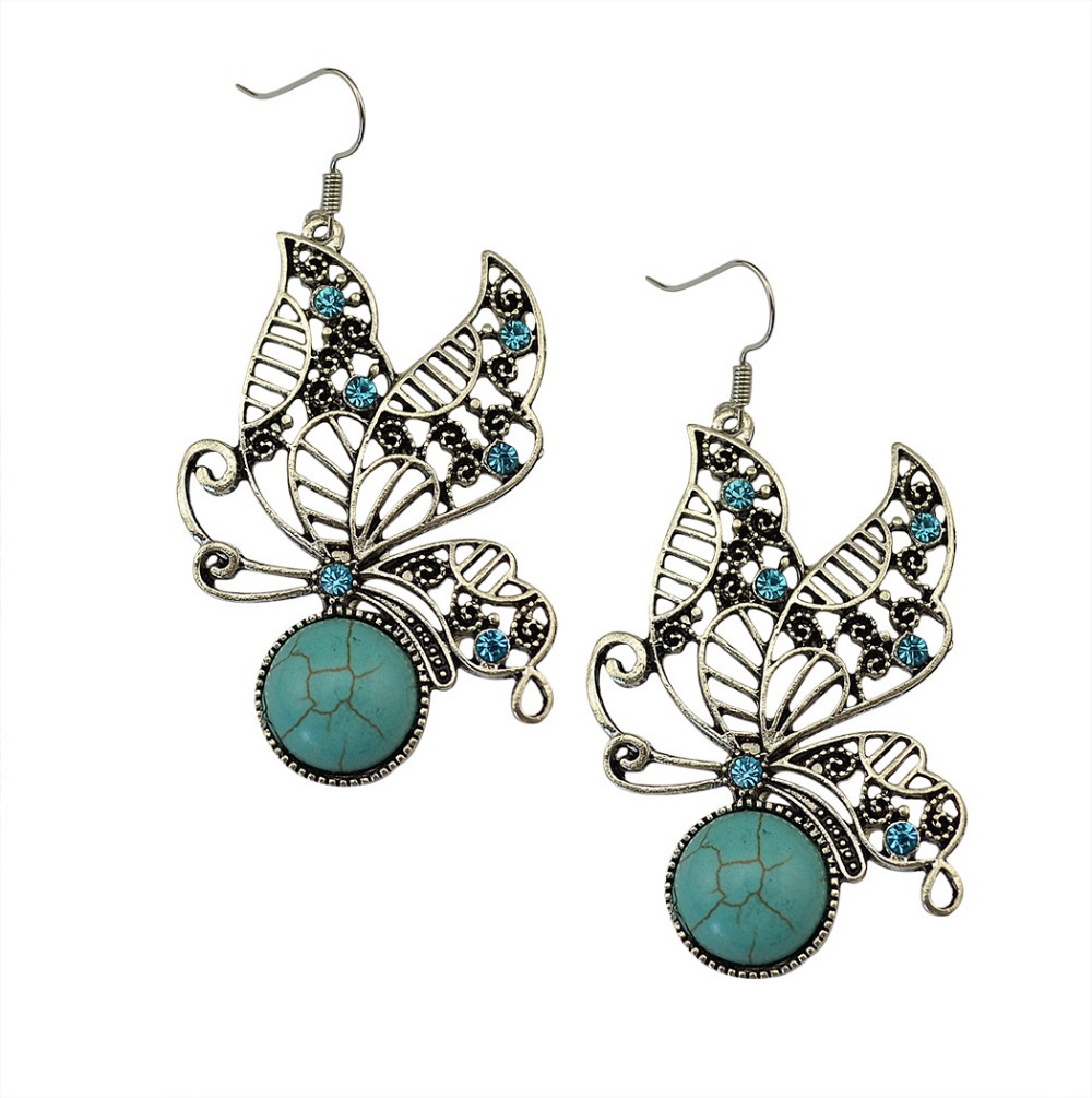 Retro Vintage Tibetan Silver Blue Crystal Turquoise Beads Butterfly Pierced Dangle Earrings For Women Jewelry Gifts