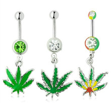 Sexy Rhinestone Ball Green Leaf Stainless Steel Piercing Belly Button Rings Body Piercing Navel Jewelry Free Shipping