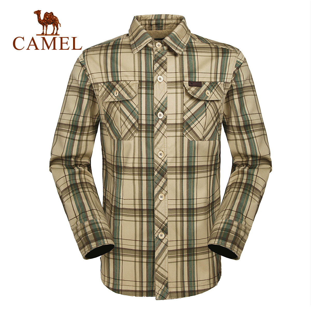 For camel outdoor casual shirt 100% cotton male clothing long-sleeve plus velvet thermal shirt A4W2Y7202