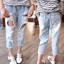 Girl summer ripped jeans with hole girls pants elstic baby kids trousers