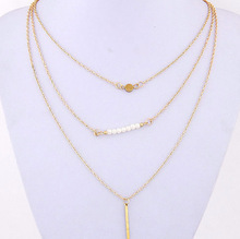 Hot Fashion Gold Plated Hand 3 Layer Pearl Stick Chain Bar Necklace Beads and Long Strip