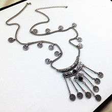 Boho vintage ethnic black stone pendant necklace coin bib choker necklace turkish silver long tassel jewelry