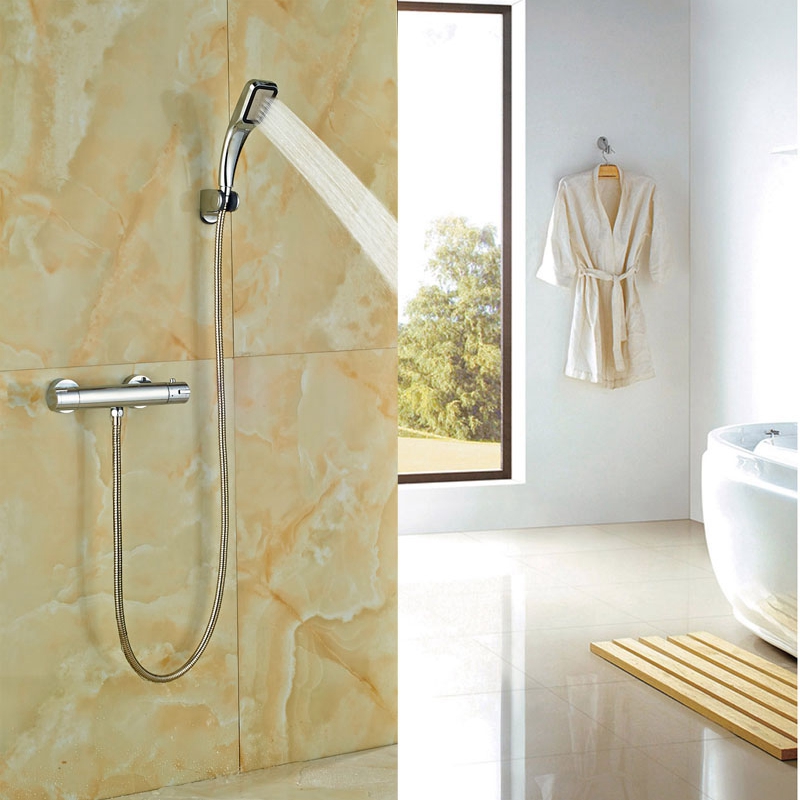 Фотография Newly Design Chrome Polish Tub Faucet Wall Mounted Thermostatic Faucet Double Levers