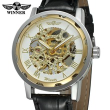 Classic Skeleton Silver Color Dial Gold Alloy Case Leather Mechanical relojes de hombre luxury Winner gift