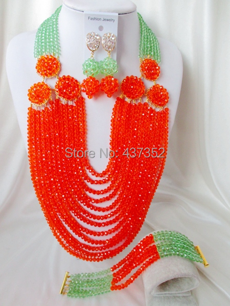 New Arrived! light green orange costume nigerian wedding african beads jewelry sets crystal beads necklaces NC2208