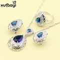 Classy 925 Silver Women Fashion Health Jewelry Sets Hollow Water Drop Synthetic Blue Sapphire Earring Ring