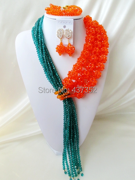 Splendid 2015 New Orange Teal Amy Green Crystal Ball Costume Necklaces Nigerian Wedding African Beads Jewelry Set NC1256