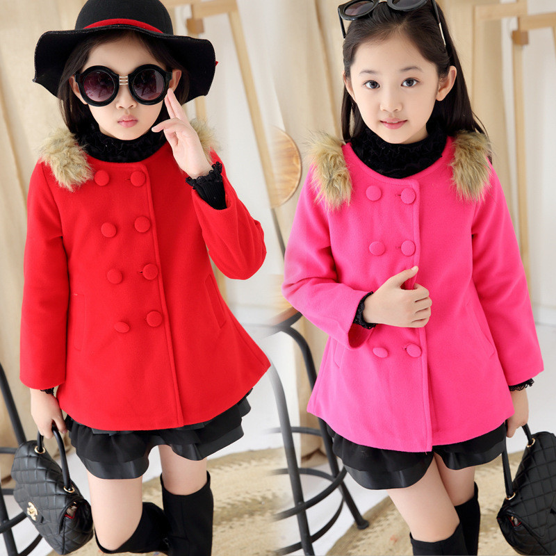New Fashion Red & Pink Girls Wool Coats Double-Breasted Fastenings Girls Winter Coats Thicken 2015 Kids Winter Coat Girls For Sale (2)