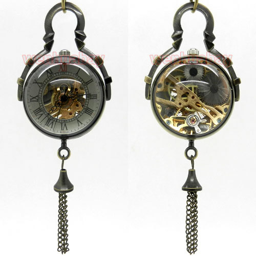 Steampunk Glass Antique bronze automatic pendant watch necklace Mens Woman mechanical watch retro vintage  military pocket watch