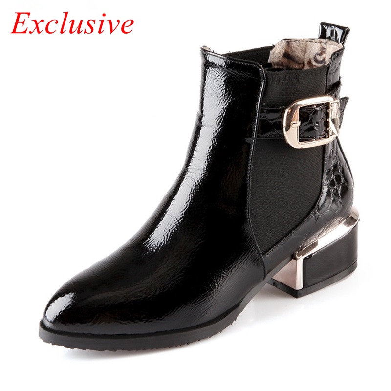 Ankle Boots Sequins Patent Leather Boots Women 2015 Autumn Winter Casual Boots Thick Wth Martin Boots 33-42 Big Size Women Boots