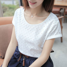 New Women Blouses Short Sleeve Summer Cotton Linen Fashion Hollow Out Floral Pullover Ladies Tops Shirt Clothing O-Neck