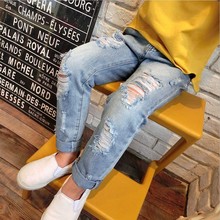 2016 New Spring Children Clothes Baby Big Hole Jeans Boys Girls Cotton Trousers Children Casual Pants Light Blue Color