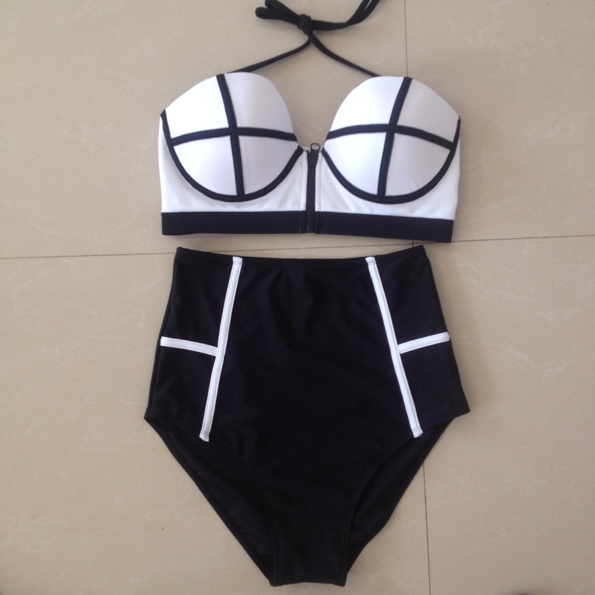 2016 New Neoprene Zipper Sexy Push Up High Waist Swimsuit Bikini Black white Swimwear Women Bathing Suit 2016 New Neoprene Zipper Sexy Push Up High Waist Swimsuit Bikini Black white Swimwear Women Bathing Suit