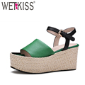 WETKISS 2017 Genuine Leather Women Shoes High Straw Weave Wedges Platform Women Sandals Ankle Strap Sexy