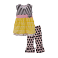 Hot Sale Kids Patchwork Clothing Kids Flower Decoration Gray Striped Dress And Bib Dot Pants Girl