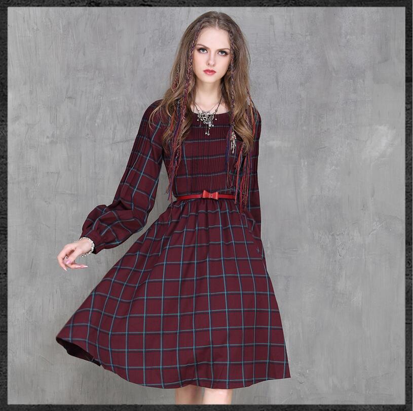 50s Vintage red black plaid dress for women Hepburn autumn classic brand long sleeve o neck vintage autumn dress vestidos