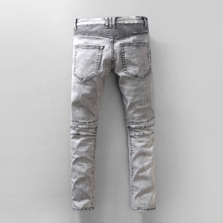 2017 New Fashion Men's Vintage Washed Light Gray Slim Straight Biker