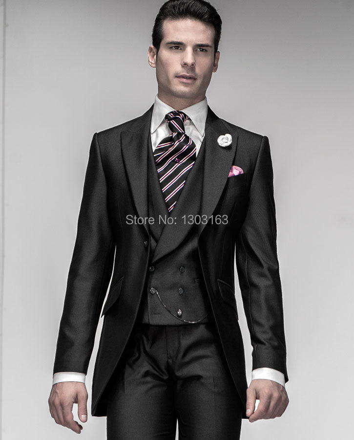 Custom Made Morning Style black Groom Tuxedos Best Man Peak Lapel Groomsmen Men Wedding Suits Bridegroom (Jacket+Pants+Tie+Vest)