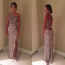 Crystal Rose Gold African Long Prom Dresses 2016 vestido de festa New Beaded Split Evening Party Gowns Sequin Dress