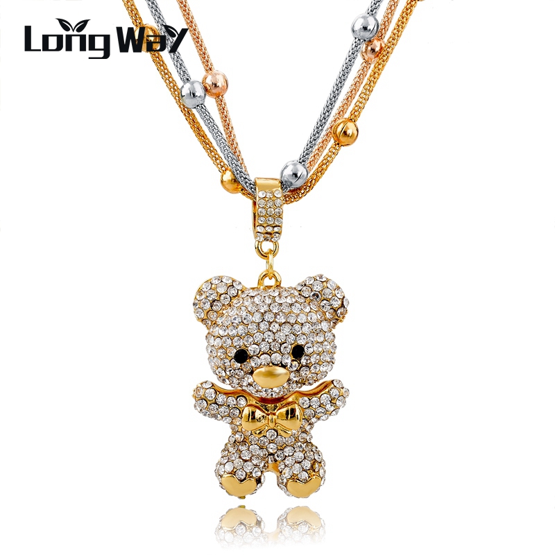 Fashion MultiLayer Necklace Gold For Women 2016 Crystal Bear Pendant Beads Long Necklace Jewelry Statement Necklace