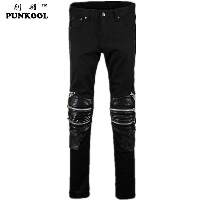 Mens Black Jeans 2016 New Cowboy Pants Men Leather Patchwork Multi