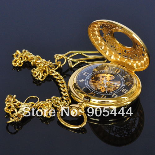 New Gold Flower Type Analog Selekton Mens Hand Winding Mechanical Pocket Watch W015