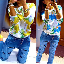 2016 O-neck Fashion Women’s Floral Print Pattern women flower blouse Casual Puff 3/4 Sleeve Tops Blause Flower Blouse Women