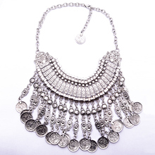 XG211 2015 Design Vintage Coins Necklaces Pendants Brand Za Metal Style Coins Statement Necklace Acrylic Tassel