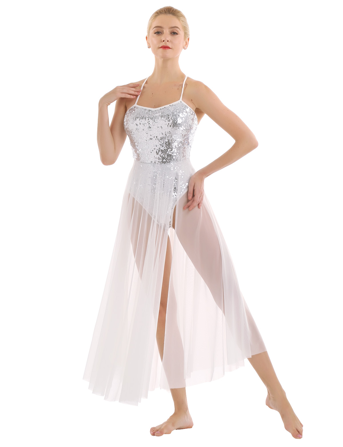 iixpin Women Sleeveless Lyrical Dance Costume Dress Illusion Sweetheart Trianglar Cut Skirt Leotard Ballet Bodysuit