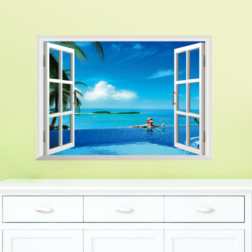 Removable Beach Sea 3D Window Decal WALL STICKER Home Decor Exotic
