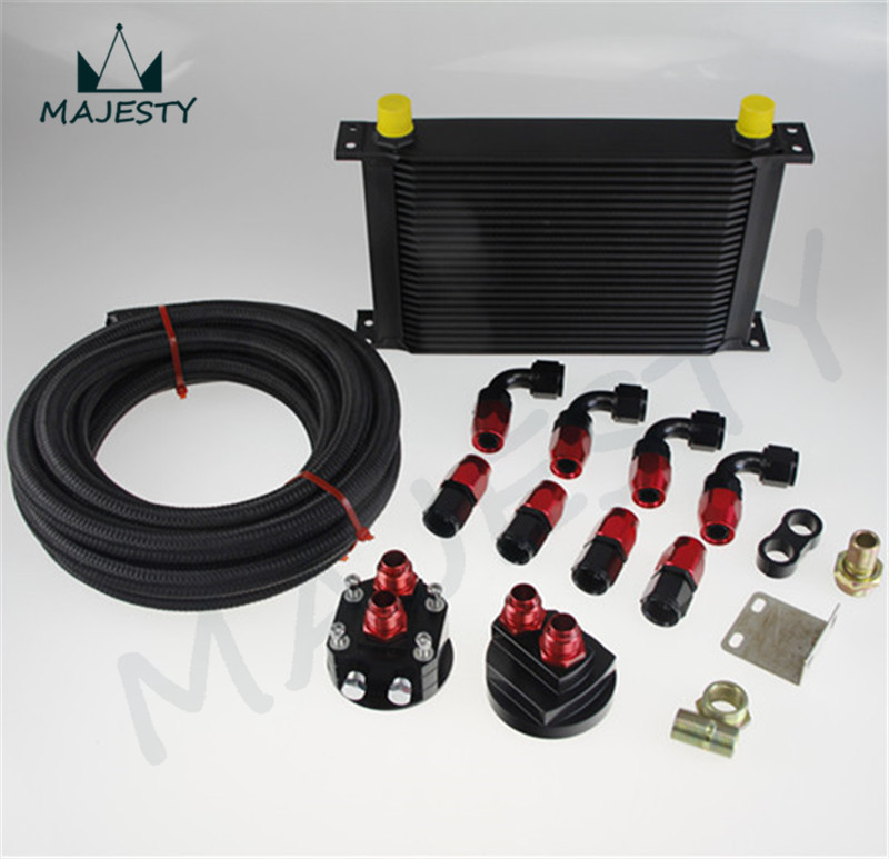 25 ROW UNIVERSAL ENGINE OIL COOLER + FILTER RELOCATION + 5M AN10 OIL LINE KIT black British type