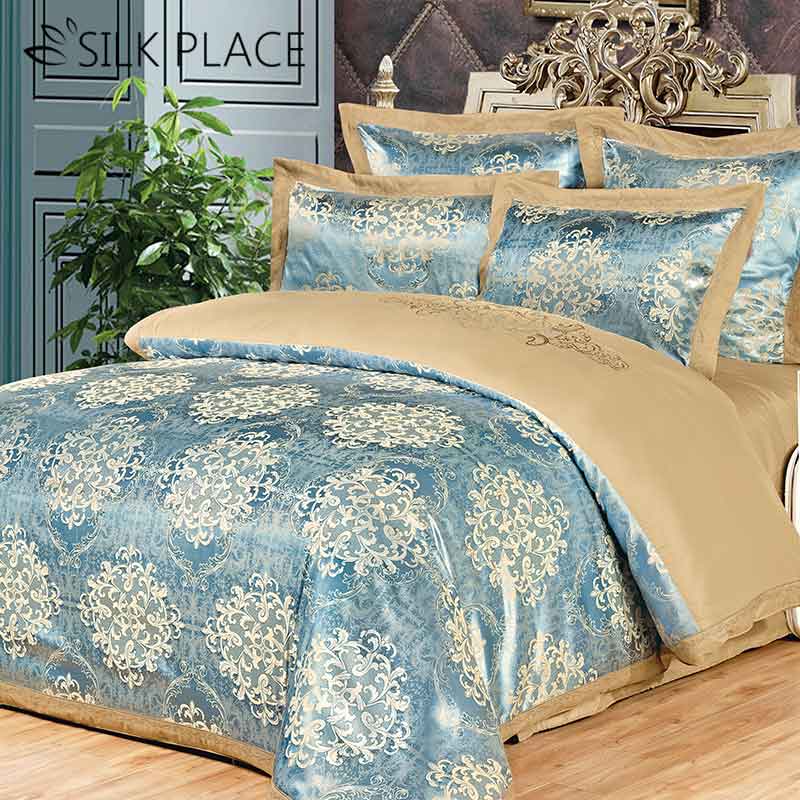 New Fashion SILK PLACE Satin Bedding Set  Quality Jacquard Comforter Bedding 4/6/7 Pcs Bed Sheet Duvet Cover Bed Linens #SP060B