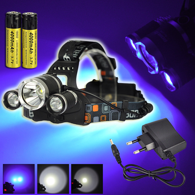 High Power UV 5000Lm T6+2R5 LED Headlamp 3-Mode Headlight Flashlight Head Lamp+ Charger + 2x 18650 Battery For Outdoor Hunting