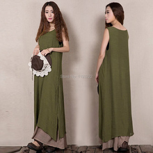 Vintage Women Summer Cotton Linen Boho Casual Asymmetric Loose A-line Cascading Ruffled Sleeveless Tank Long Dress Sundress